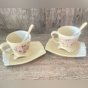 Vintage Floral Ceramic Tea Cup and Saucer Set - Beige with Pink & Purple Roses
